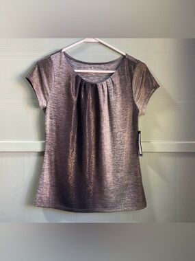 Metallic Pewter Short-Sleeve Pleated Women's Top